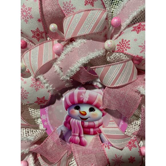 Snowman Wreath, Winter Christmas, Pink and White 22 Inch Deco mesh - Picture 4 of 5